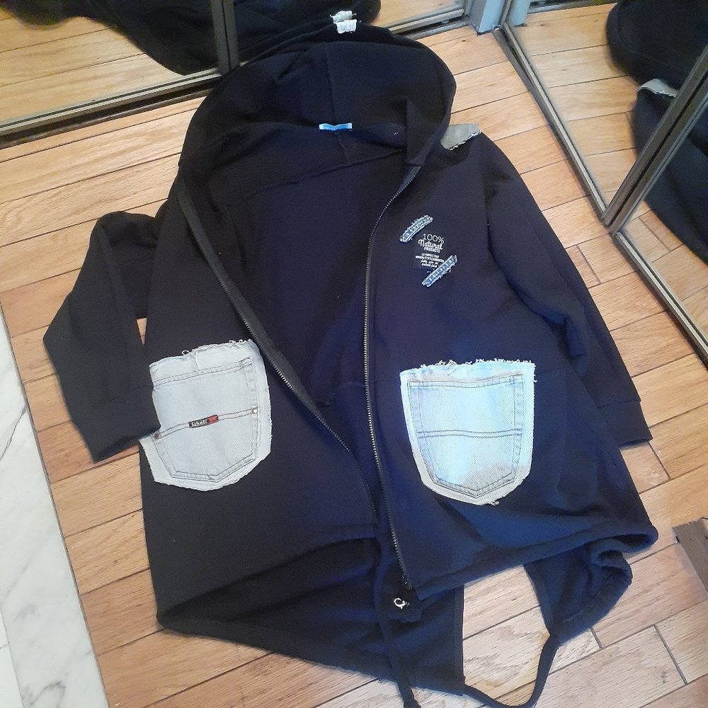 Dark Navy Hooded Zip Sweatshirt with Light Denim Patch Pockets
